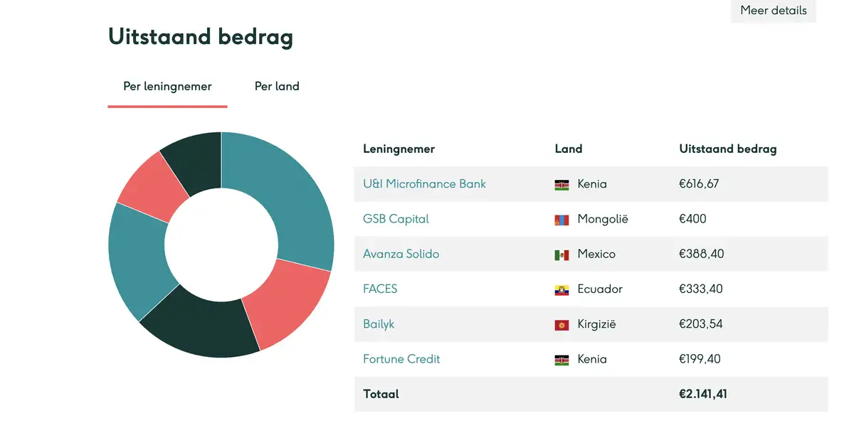 Portfolio Lendahand Niels Koerts (per 18-08-2025) Het getoonde bedrag is exclusief het cash saldo van €31