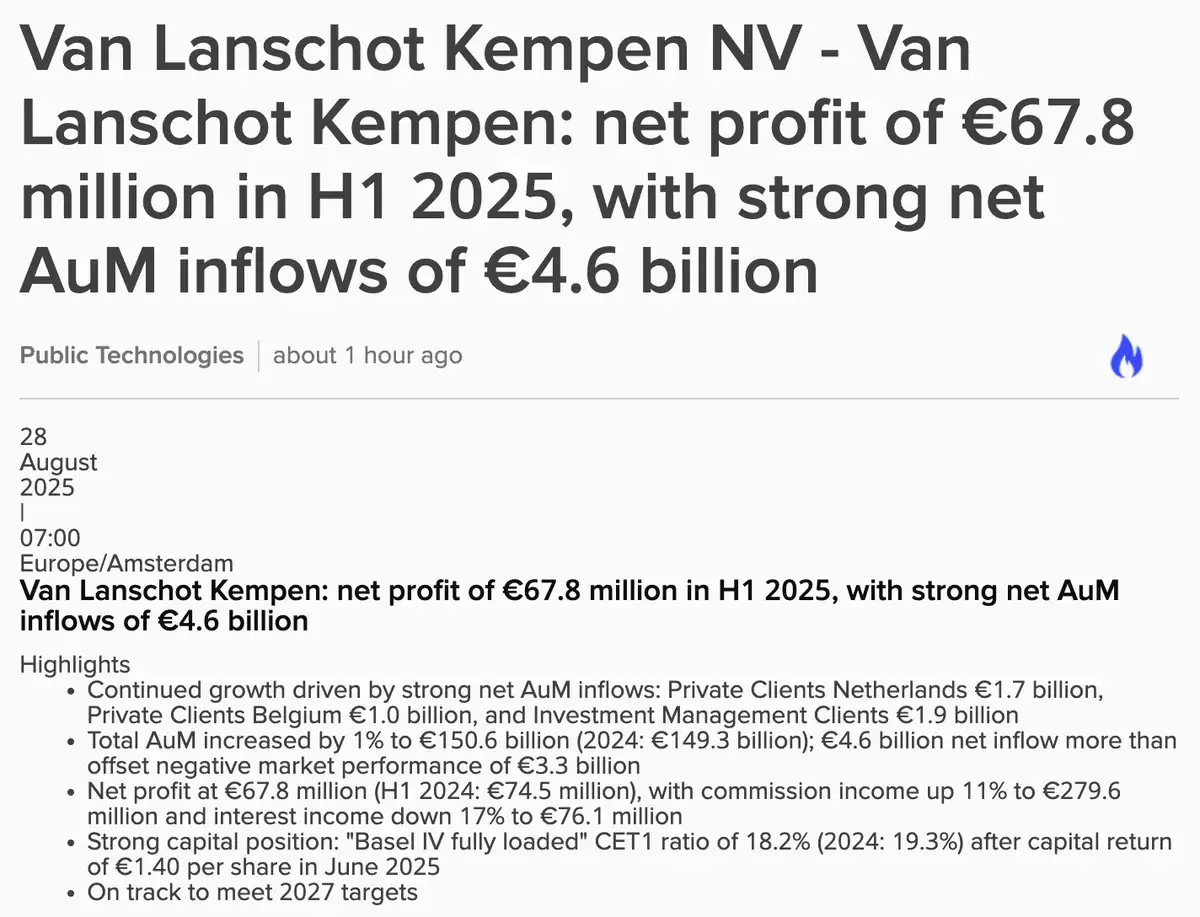 Van Lanschot Kempen Q2-cijfers
